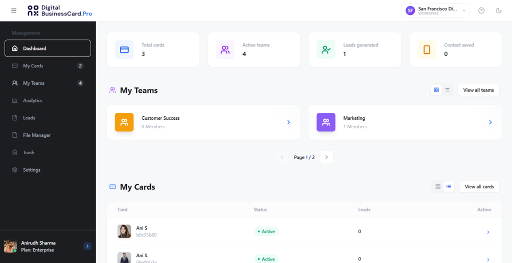 Digital business card pro dashboard showing team, card, lead, and contact management analytics.
