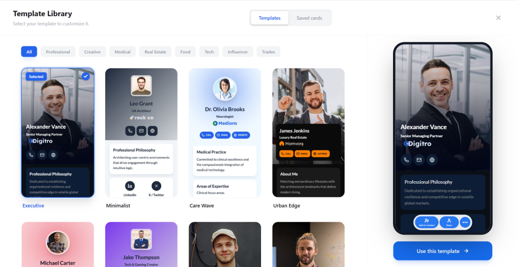 Digital business card PRO template library with customizable profile cards and mobile preview.