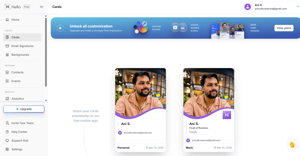 HiHello platform showing personal and work card management dashboard.