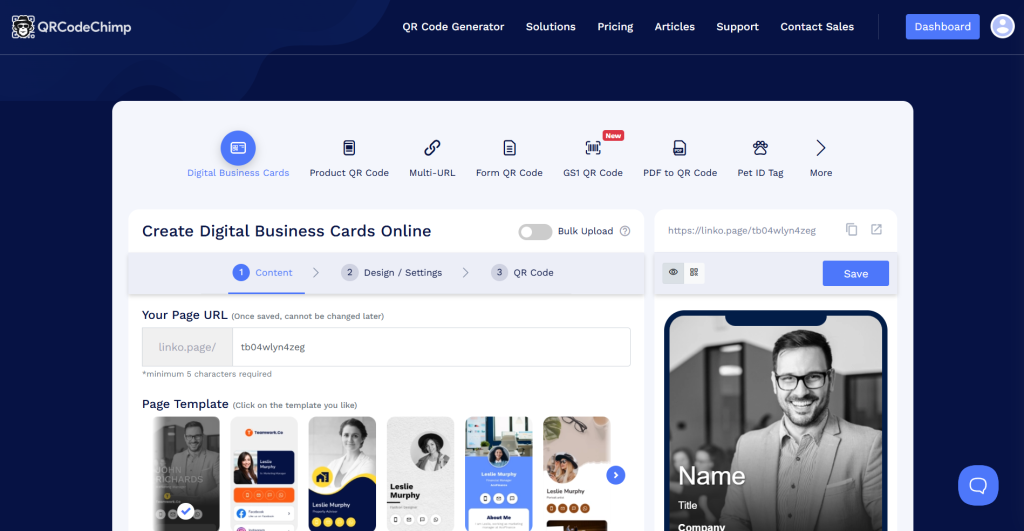 QRCodeChimp QR code generator interface for creating customizable digital business cards online.