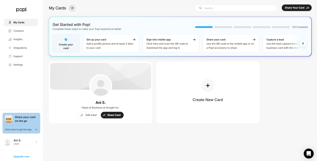 Popl dashboard with onboarding steps and card creation tools.