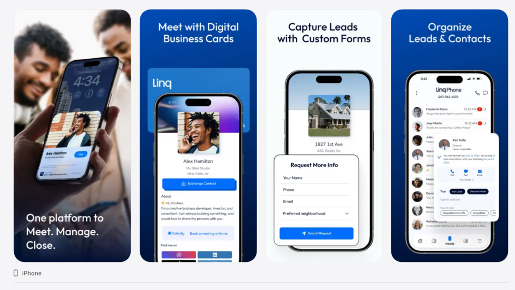 Linq app screenshots highlighting networking, lead capture, and contact management.