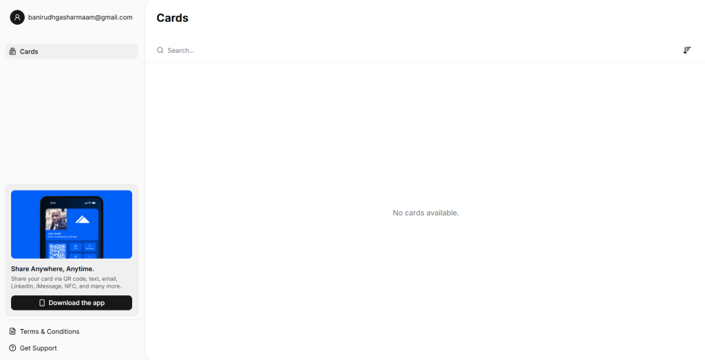 Haystack dashboard showing an empty cards list and mobile app sharing prompt.