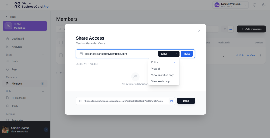 Digital business card share access with role-based permission controls.