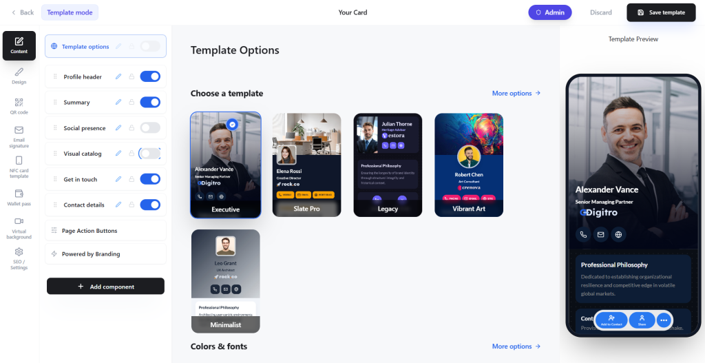 Digital BusinessCard.Pro template mode screen with builder