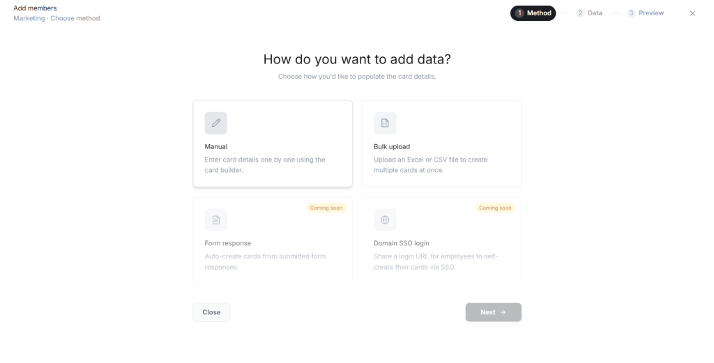 Digital business card team member setup with manual or bulk upload options.