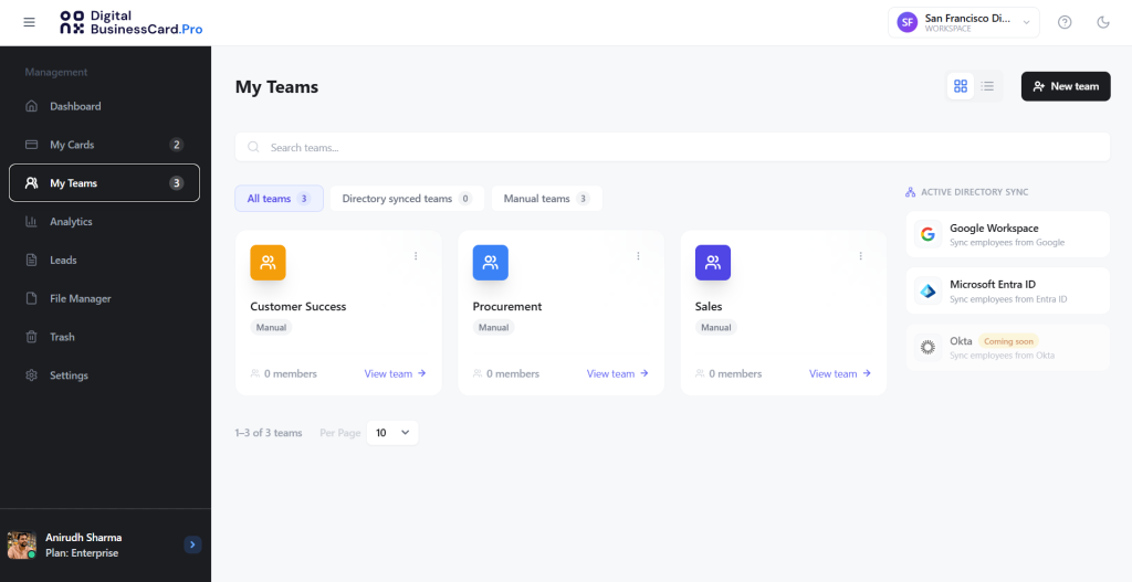 Digital business card teams dashboard.