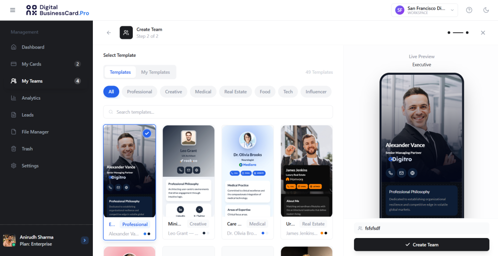 Digital BusinessCard.Pro create team screen with template selection and live preview.