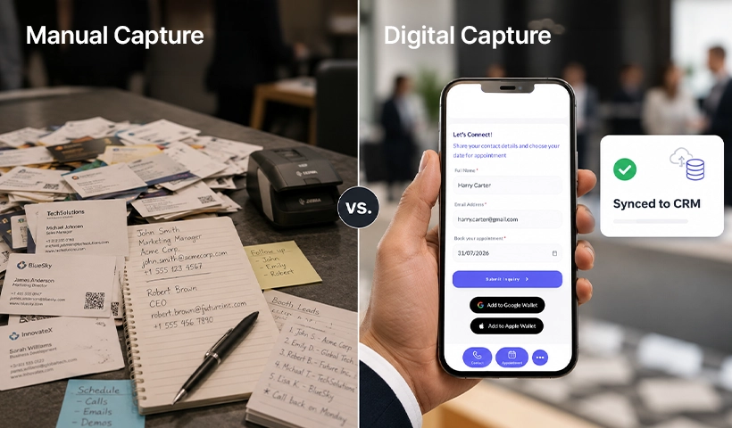 Comparison of manual lead capture methods versus digital business card capture with CRM sync