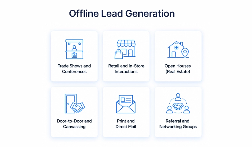 Icons representing the six main offline lead generation channels: trade shows,
